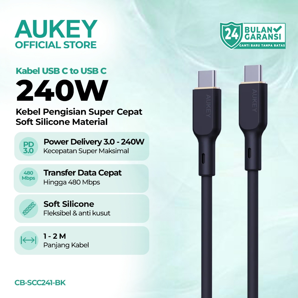AUKEY Kabel Charger 240W USB C To C Super Fast Charging Silicone Material iPhone Macbook Samsung Lap
