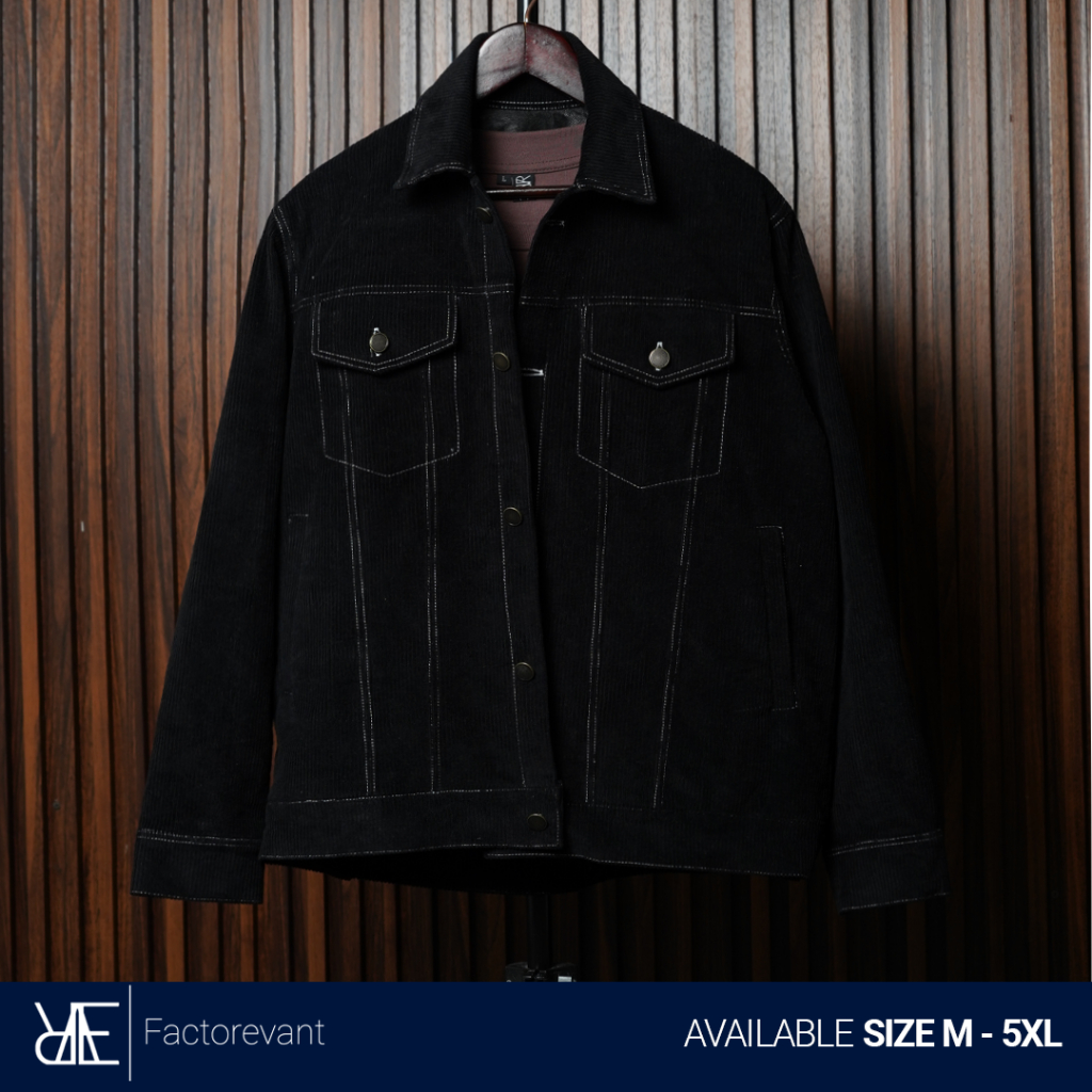 REEVANT Jaket Corduroy Pria Casual Hitam Ukuran M-5XL Big Size Jumbo