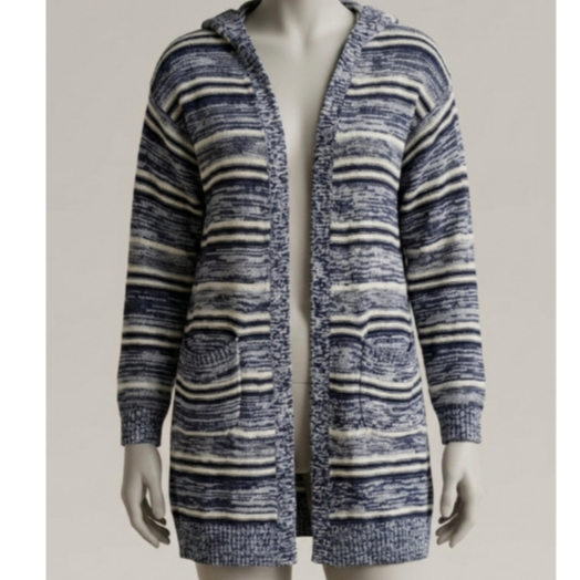 Cardigan Rajut Wanita Panjang Motif Salur Biru Putih Hoodie Knit Outer Casual ,SCON Premium