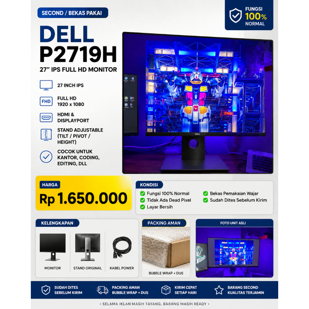 Monitor Dell P2719H 27 Inch IPS Full HD – Second Bekas Pakai