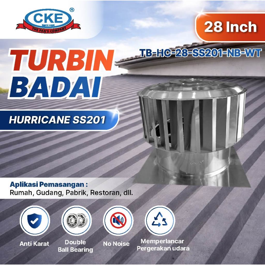 CKE Turbin Ventilator Hurricane 28 Inch Turbin Badai Atap Ventilasi Stainless Steel Sirip Lurus 28"