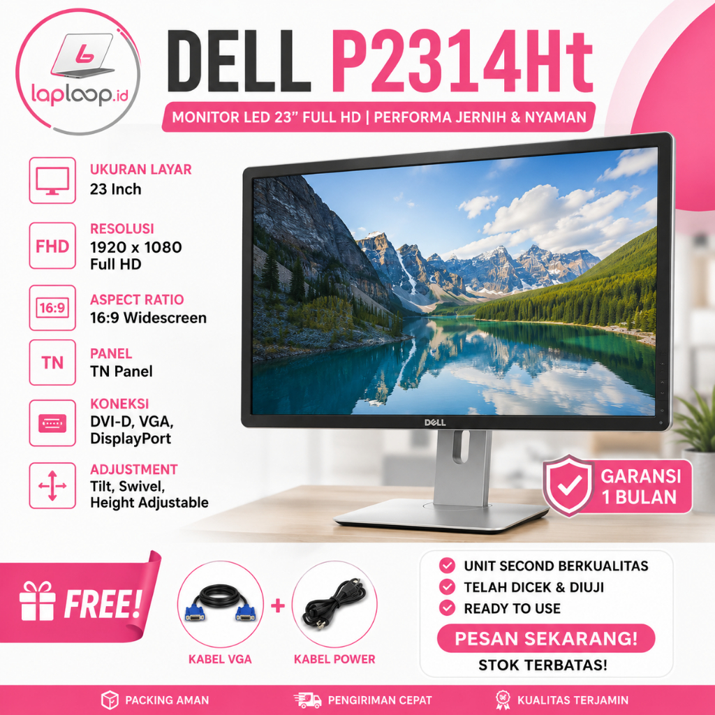 Monitor Dell P2314Ht 23 Inch Full HD IPS LED Original | Display Jernih | Bekas Berkualitas