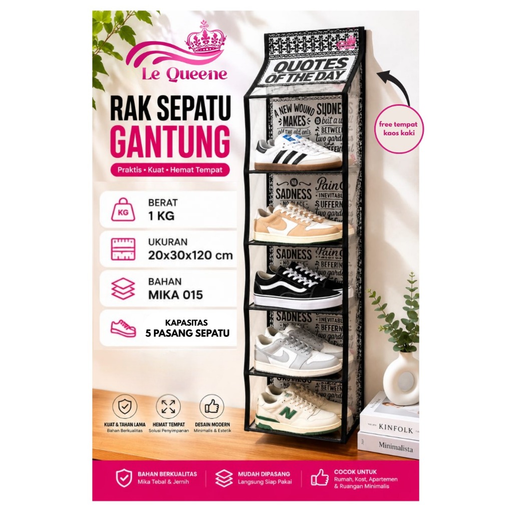 Rak Sepatu Lequeen  Gantung 5 Susun Le Queene | Organizer Sepatu Gantung Hemat Tempat | Rak Sepatu D