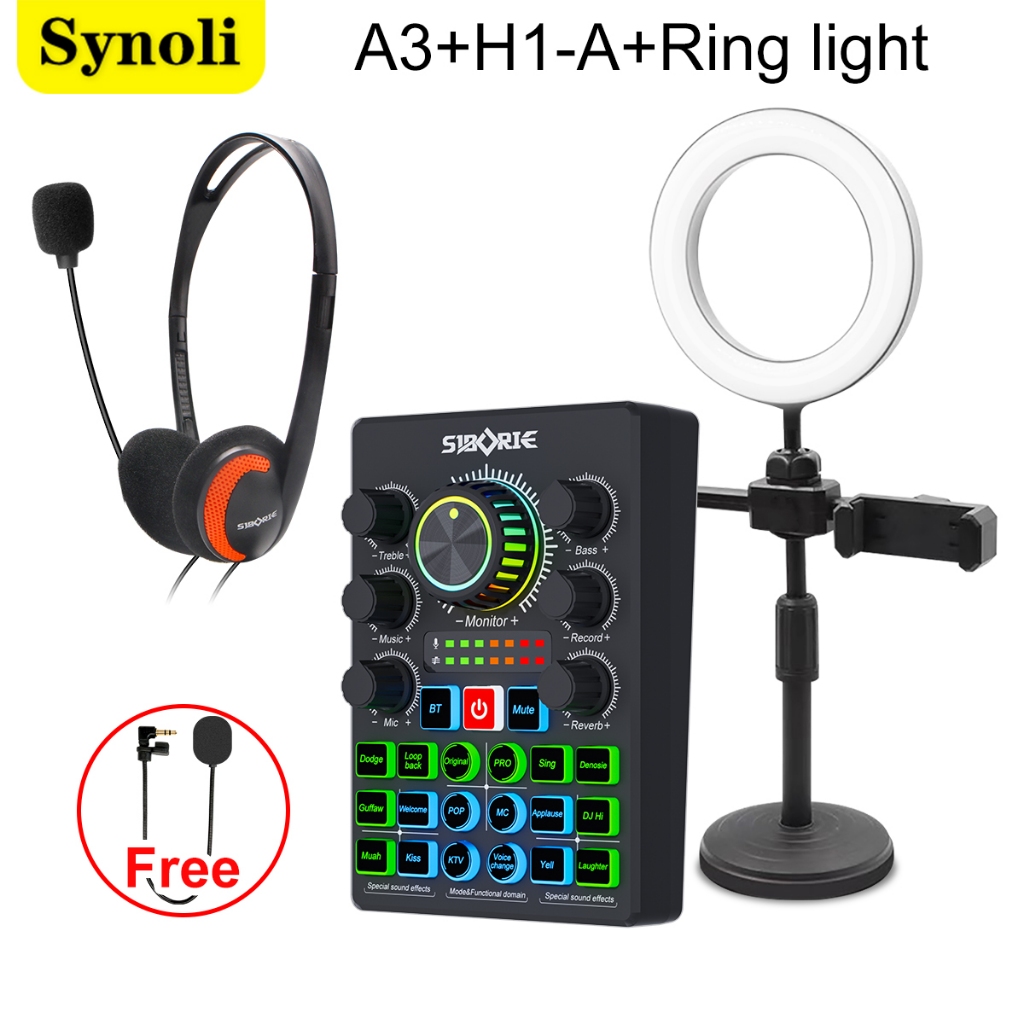 Synoli Sound Card A3 Paket Lengkap Headphone H1-A Ring Light FREE MIC MINI Peralatan Live Streaming 