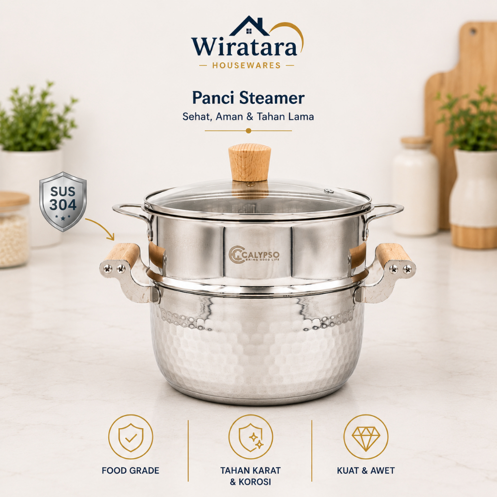 Calypso Panci Steamer 2 Tingkat Stainless Sus 304 20cm | Dandang Kukusan Stenlis Tebal | Panci Kukus