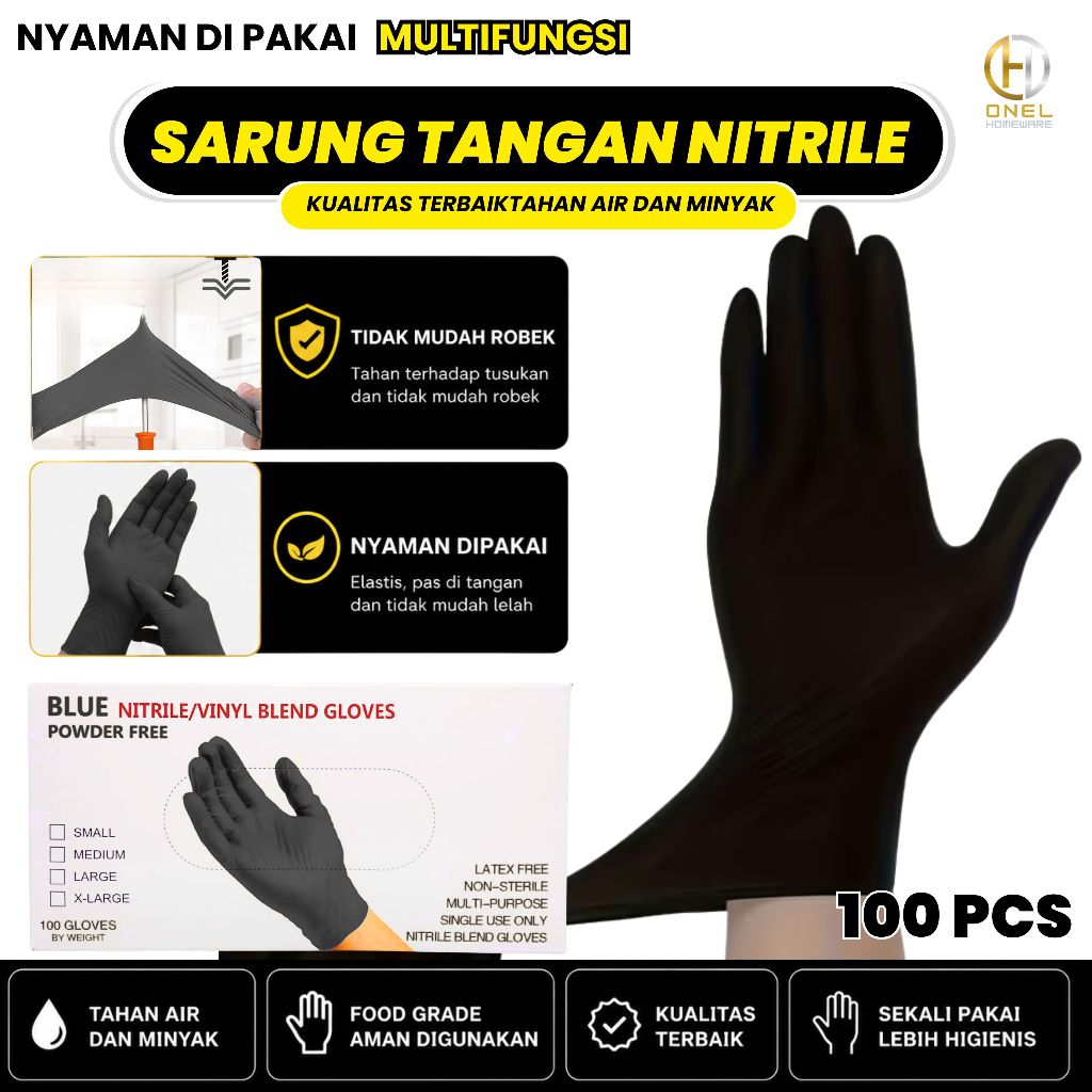 ONEL Sarung Tangan Nitril 100 PCS Syntethic Gloves Latex Karet Sekali Pakai S-M-L-XL