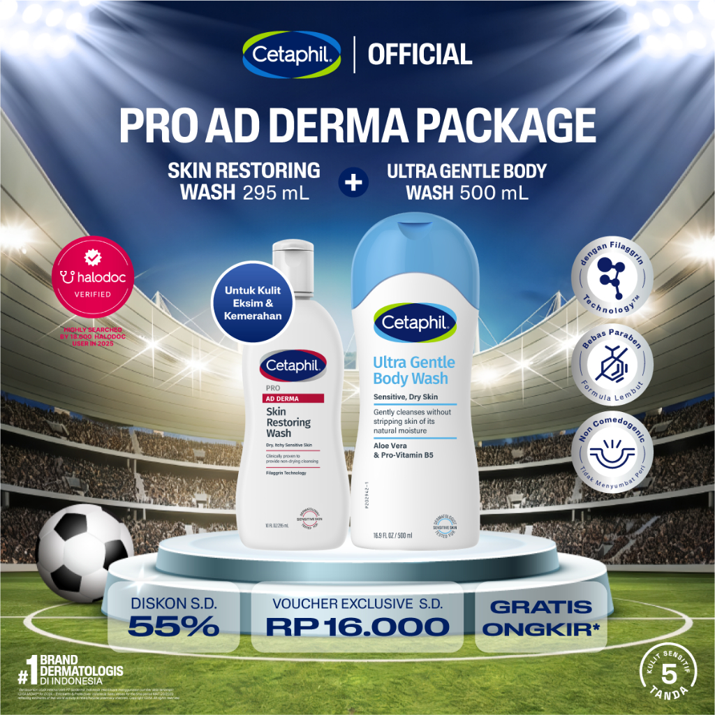 Cetaphil Pro AD Derma Skin Restoring Wash 295ml + Ultra Gentle Body Wash 500ml