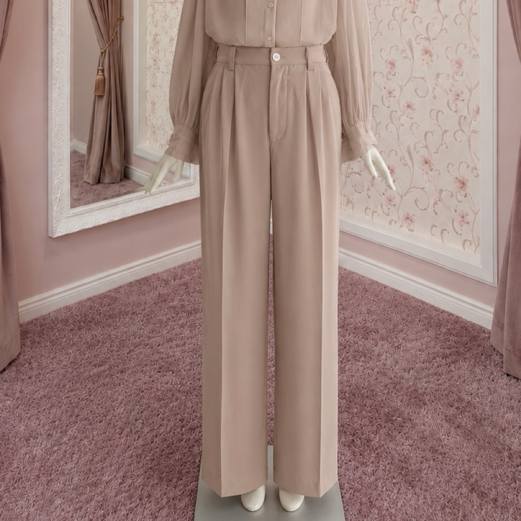 (PL) Loose Pants Polyester Cream Wanita