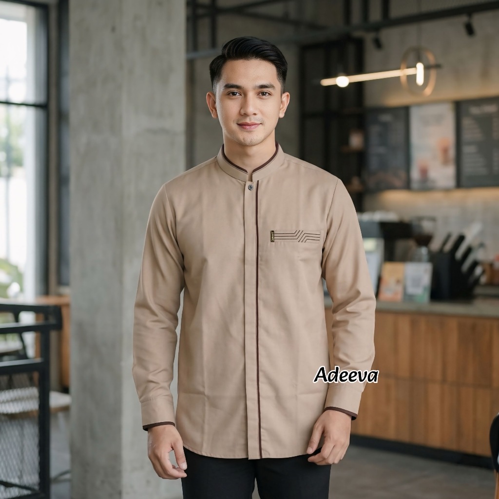 Baju Koko Pria - Baju Koko Muslim Pria Dewasa Lengan Panjang Exclusive Motif AL MALIK Warna Coklat