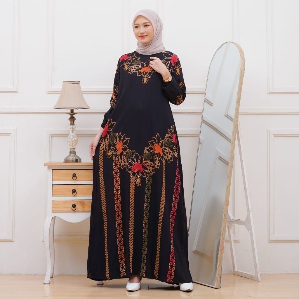 Gamis Cap Rayon Premium Motif Garis Batik Cap Malaman / Dress Muslim Busui Friendly Kombinasi Rempel