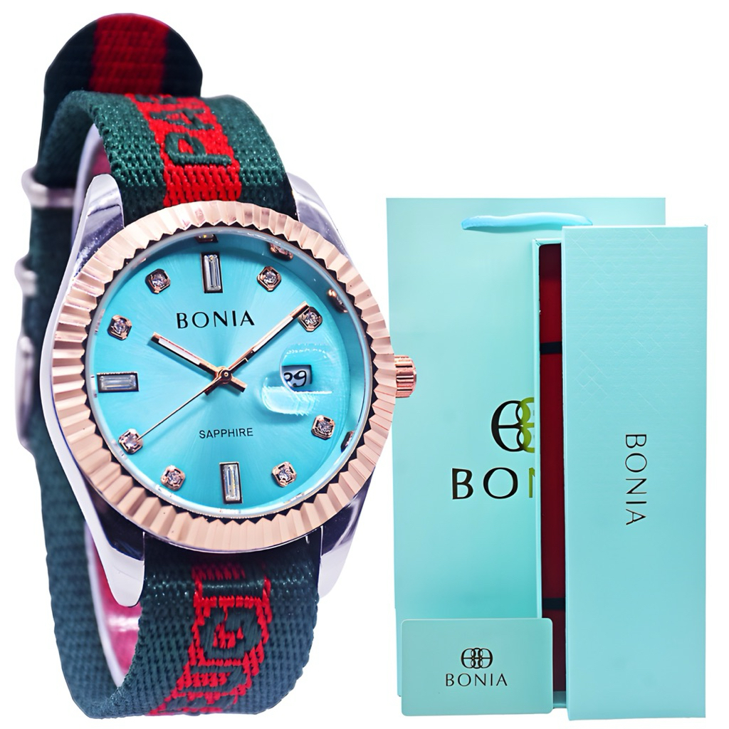( Free Set Box + Kartu + Paper Bag ) Jam Tangan Wanita Bonia Quartz Tali Kanvas Casual Mewah