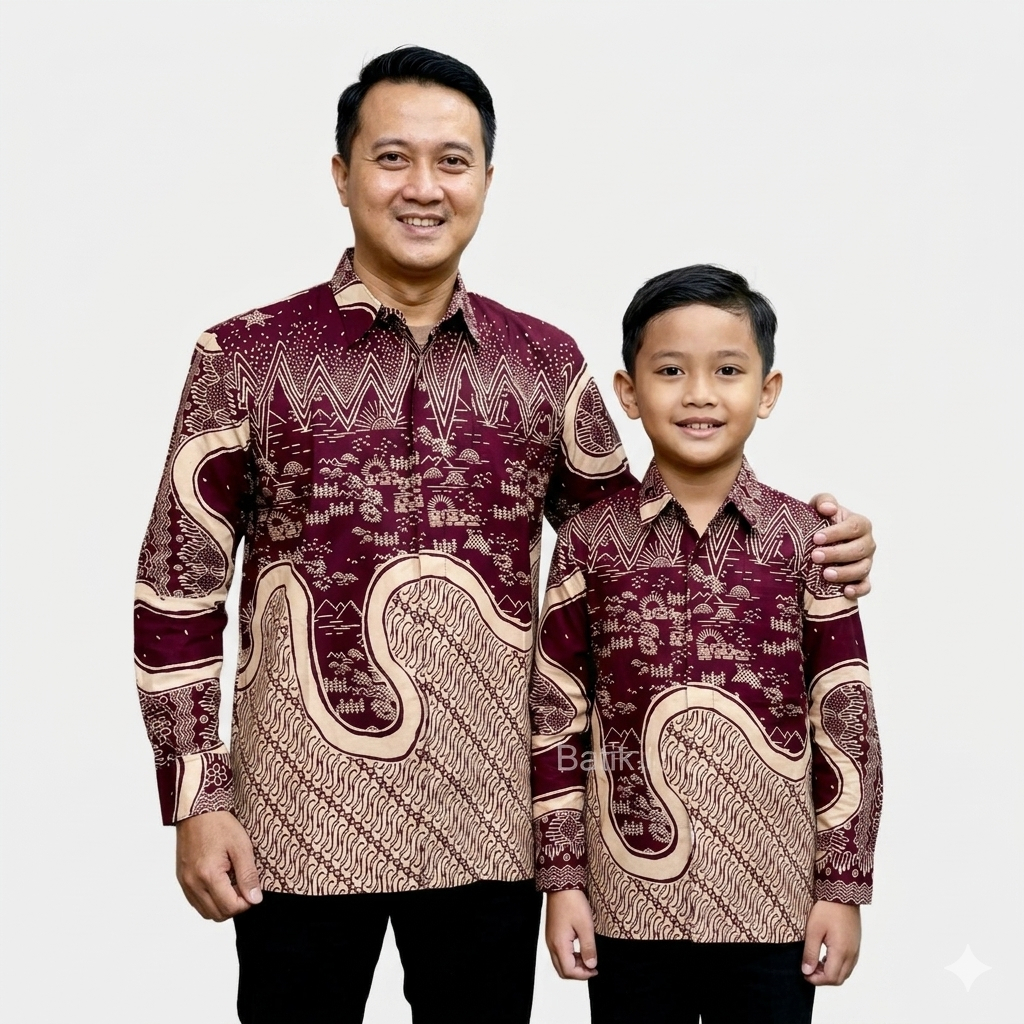 Batik Warna MERAH MAROON PEMANDANGAN, Batik Couple Ayah Anak Warna MAROON, Batik Katun Solo Premium.