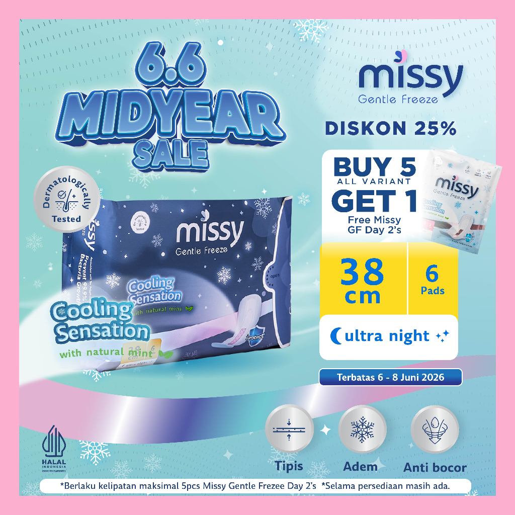 Pembalut MISSY GENTLE FREEZE ULTRA NIGHT / Pembalut HERBAL Kesehatan  Wanita Bersalin / Wings 380mm 