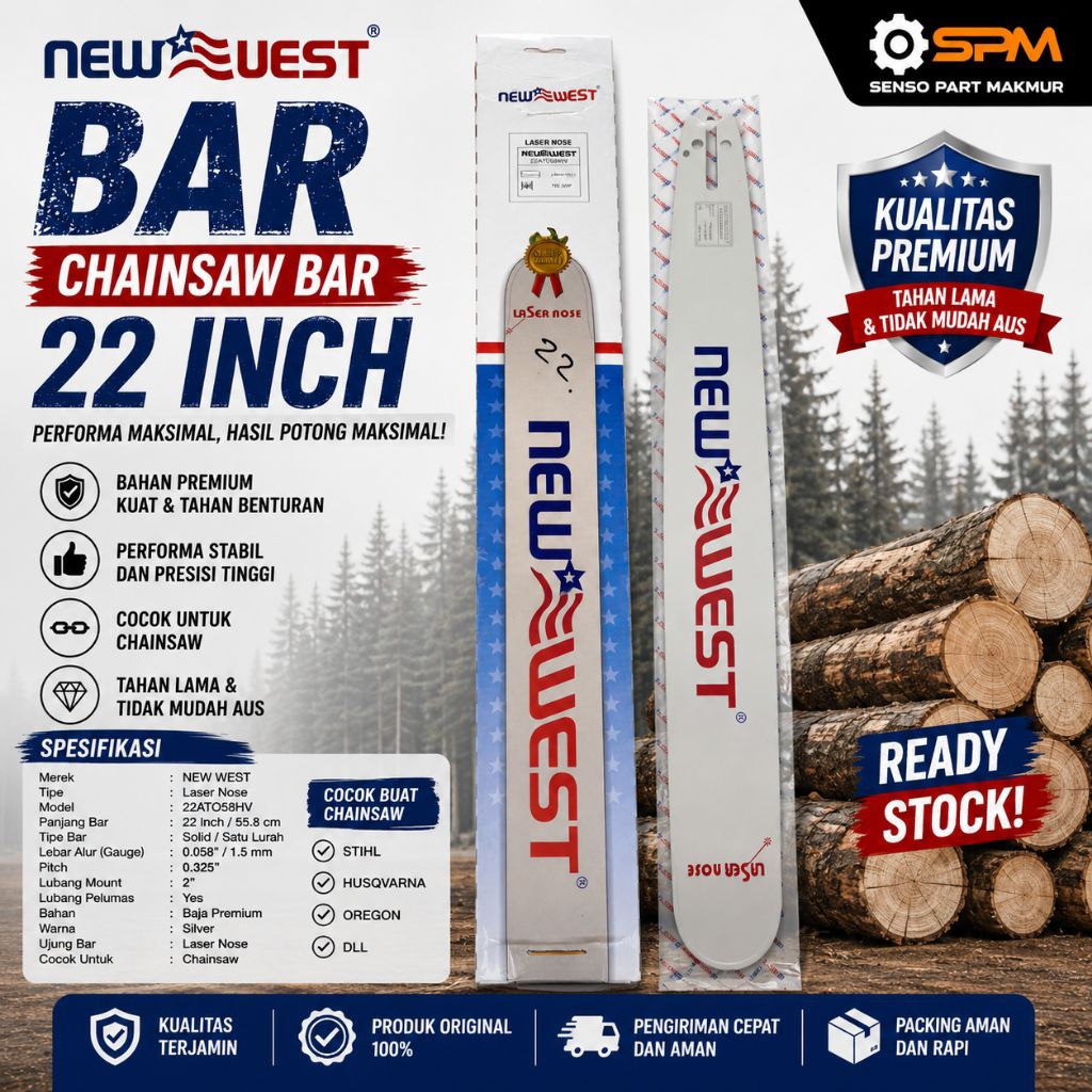 BAR CHAINSAW NEW WEST 22" 38T LASER TIP BAJA BAR BAJA NEW WEST 588,598,NEW WEST 628