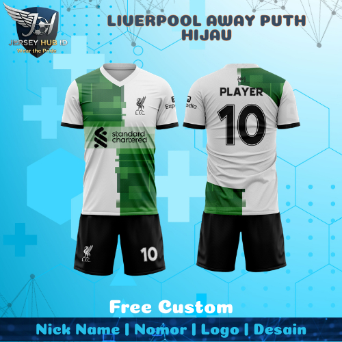 Jersey Sepak Bola Custom Liverpool Away Putih Hijau Pendek Free Custom Nama, No Punggung, Logo Full 