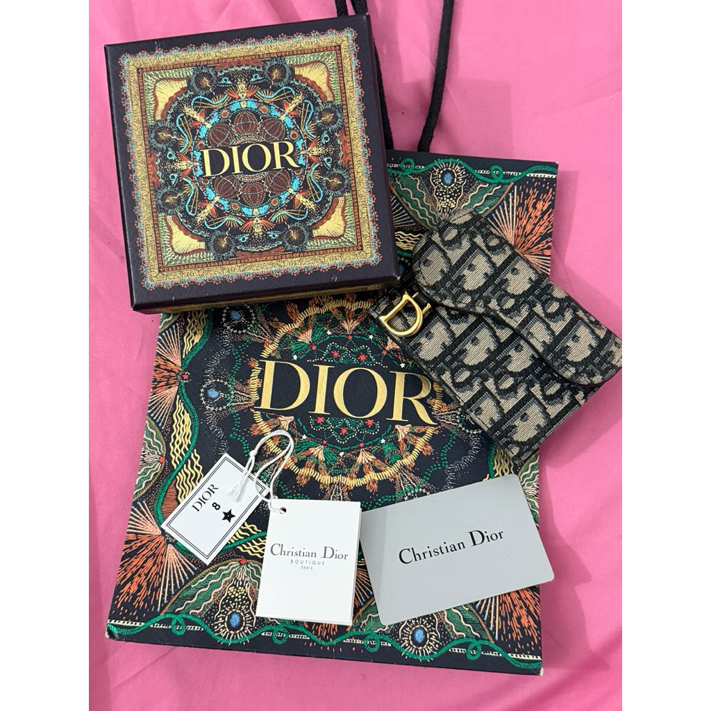 Preloved Dior Saddle Flap Card Holder Blue Dior Oblique Jacquard