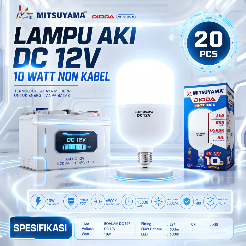 Paket Lampu Bohlam LED DC 12v 10 Watt 20 Pcs Mitsuyama Dioda Lampu Aki/Solar Panel LED 10 Watt E27