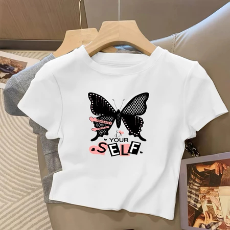 CROP TOP WANITA KUPU KUPU YOURSELF BAHAN KNIT PREMIUM KAOS KUPU KUPU YOURSELF