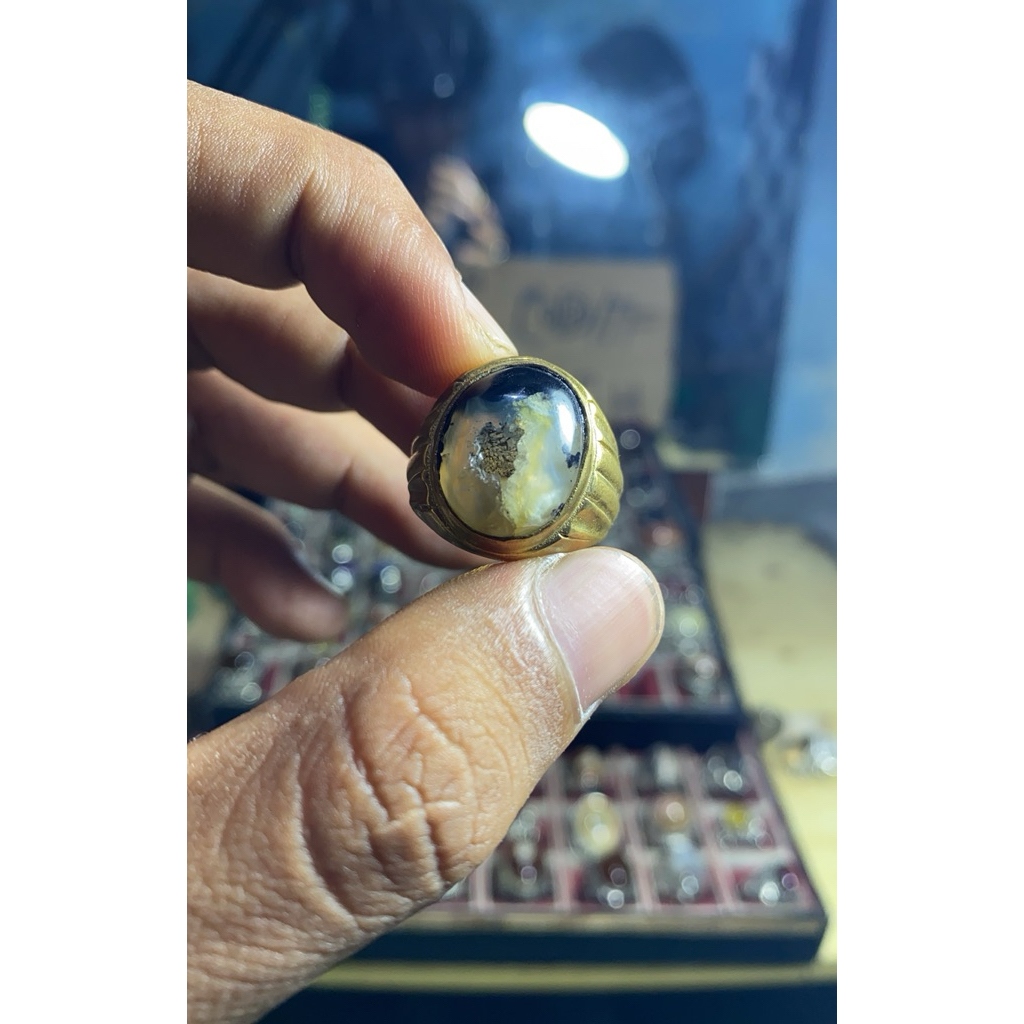 Cincin Batu Akik Natural (Asli) mustika kool huntet Hu (COD) Dim Kantoran Ring Alpaka Super Top HQ O