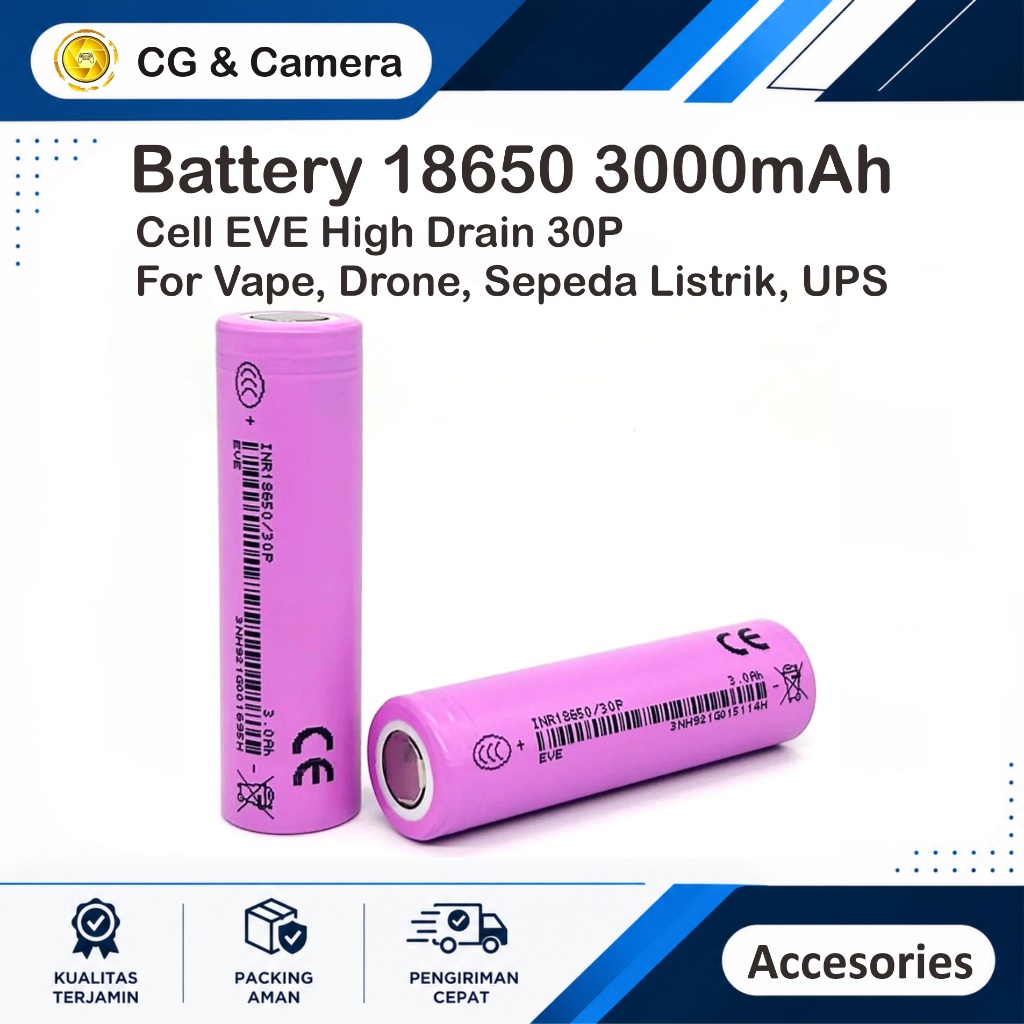 Battery 18650 EVE INNOVATE Battery High Drain 2000mah 2200mah 3000mah Tipe Flat Battery Vape Sepeda 