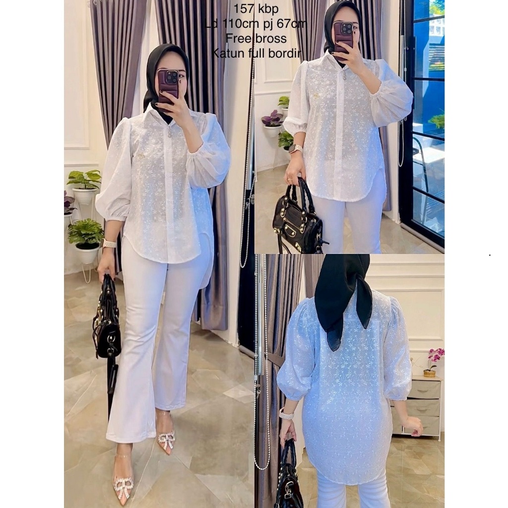 Monel top blouse putih kemeja wanita model pinguin bordir