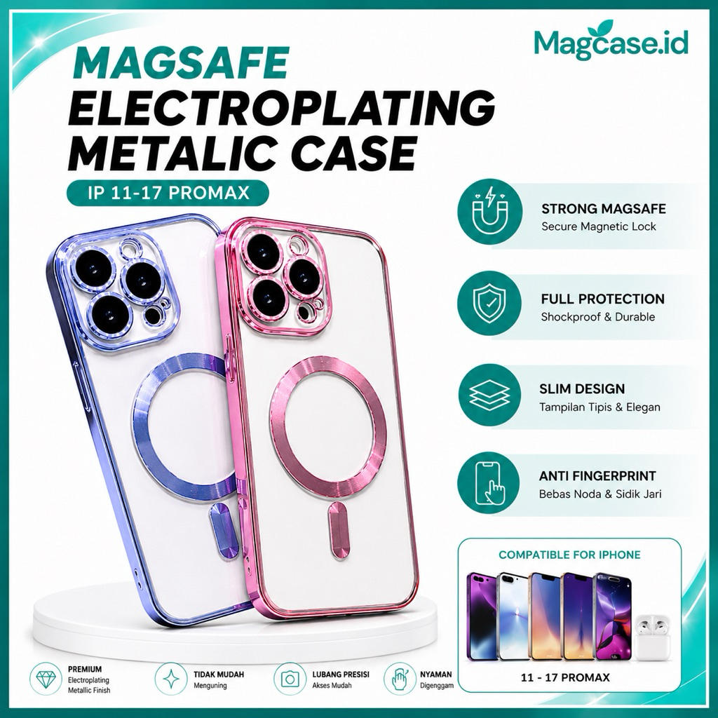 Case Magsafe Electroplating Metalic IP 11 12 13 14 15 16 PRO MAX 14+ 15+ 16 17 PLUS LENS GUARD PROTE
