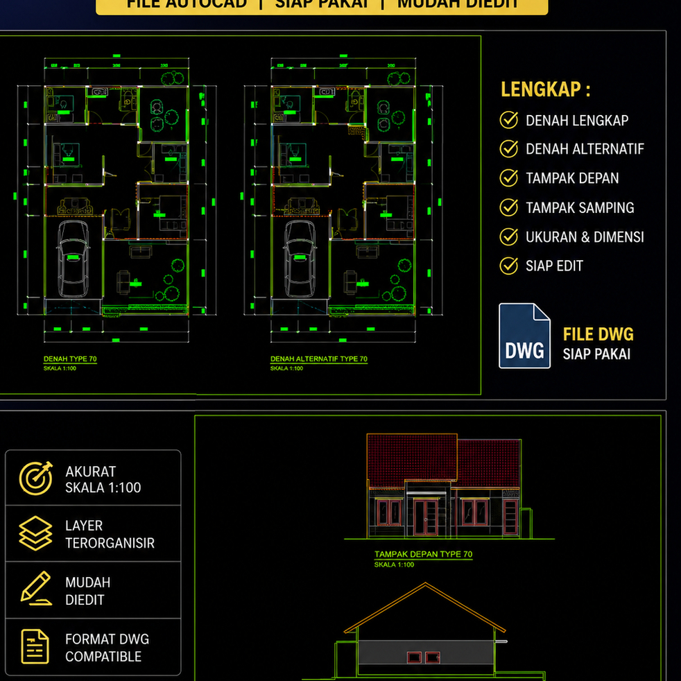 DWG Rumah Type 70 Lengkap | Denah Tampak Potongan | File AutoCAD Siap Pakai