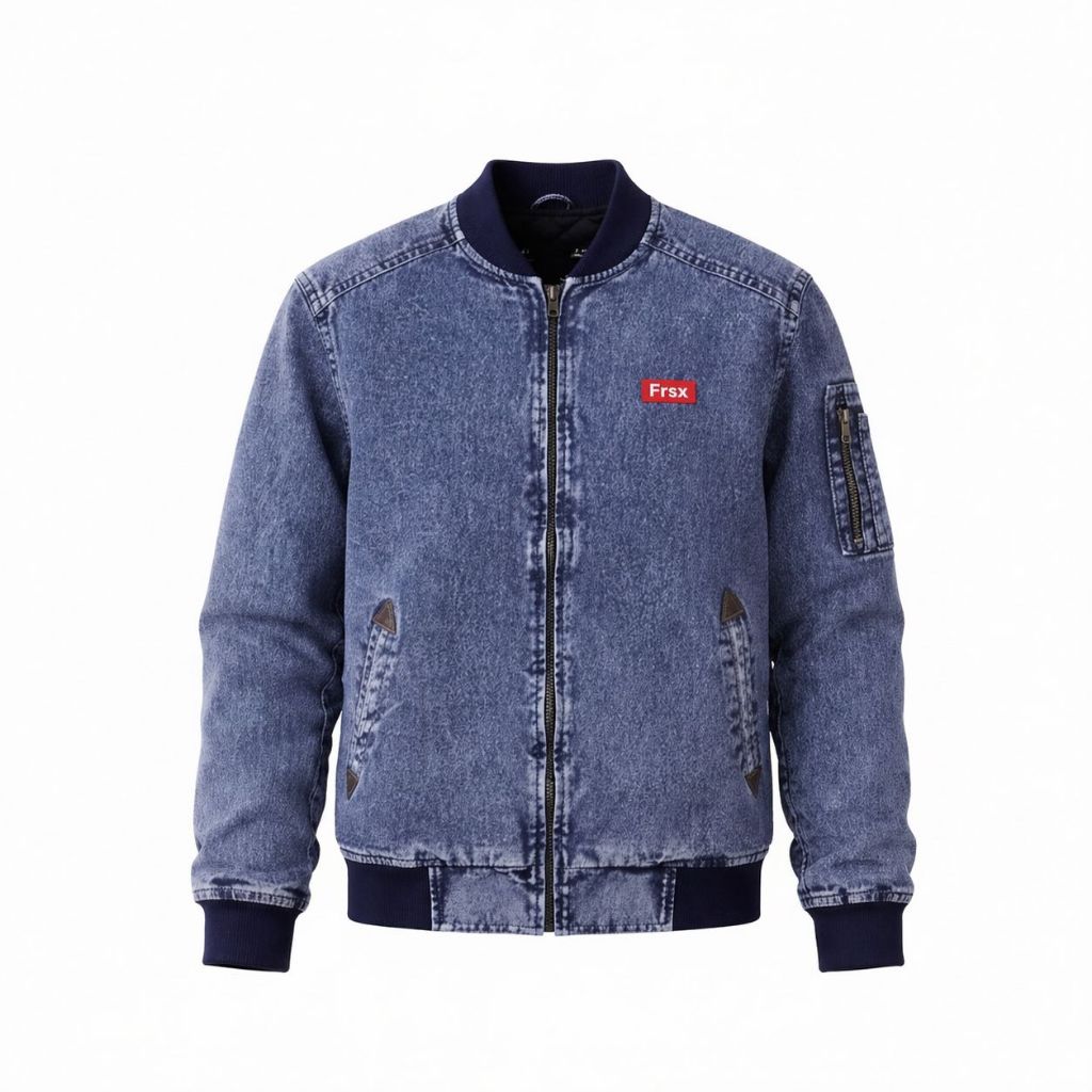 Jaket Denim Bomber Pria Sandwash MA-1 Saku Lengan Ritsleting Casual Streetwear M L XL XXL