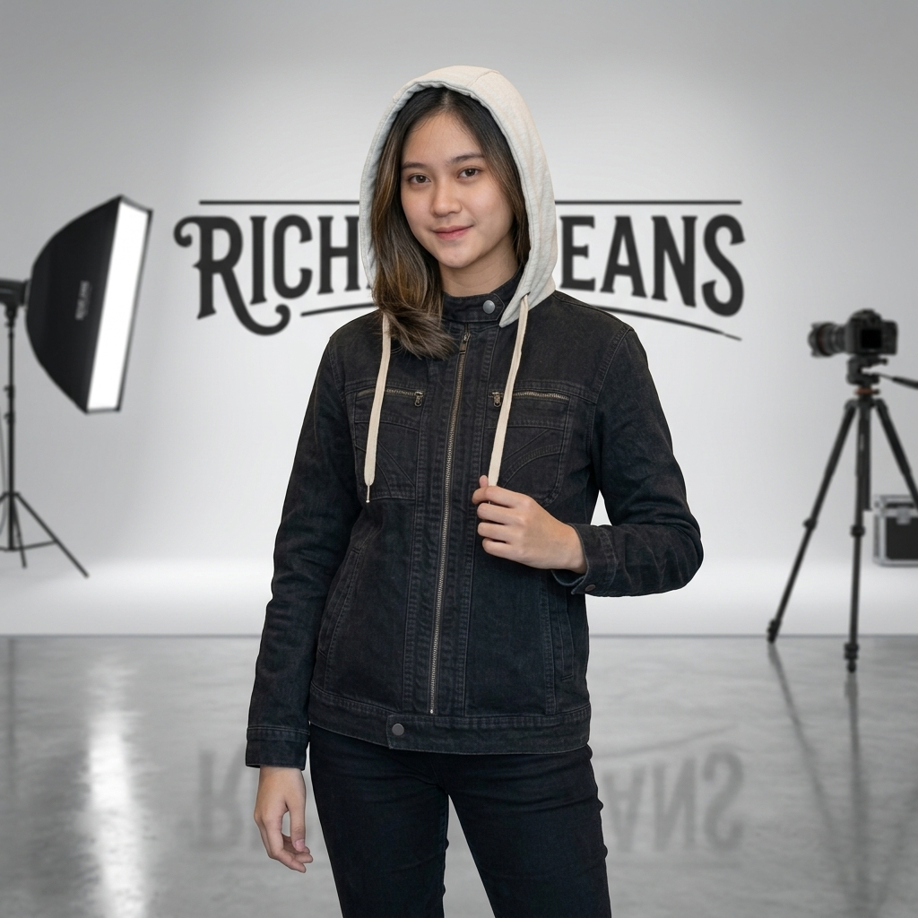 jaket jeans zipper hoodie pria wanita  hitam denim keren