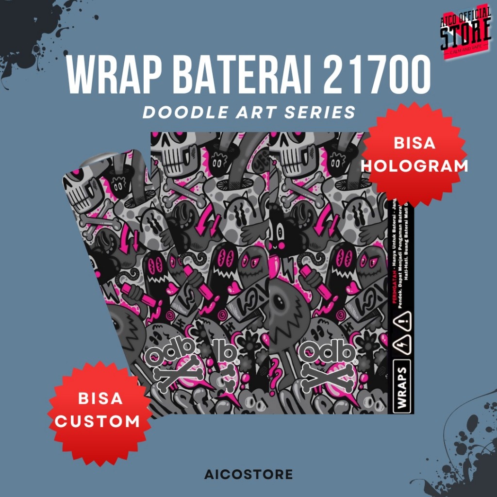 WRAP SERIES Stiker Wrap Baterai 21700 Motif Doodle Art Series Premium Vinyl Anti Air | Skin Pelindun