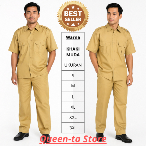Setelan Baju Kemeja Pemda Dinas PDH PNS Pria Model Saku Dada Warna Khaki Muda