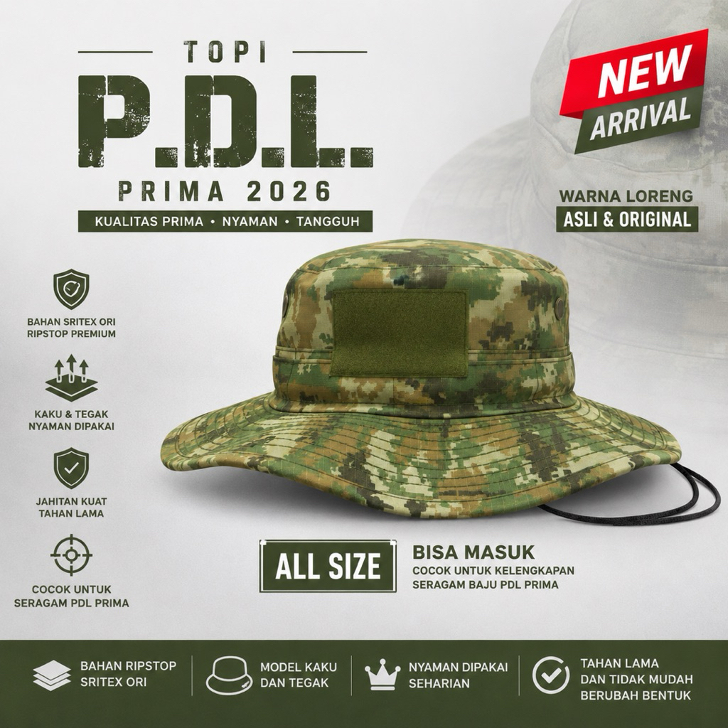 Topi RIMBA PDL Prima 2026 Sritex Ori | Topi Komando TNI Loreng PRIMA Ripstop Kaku Tegak