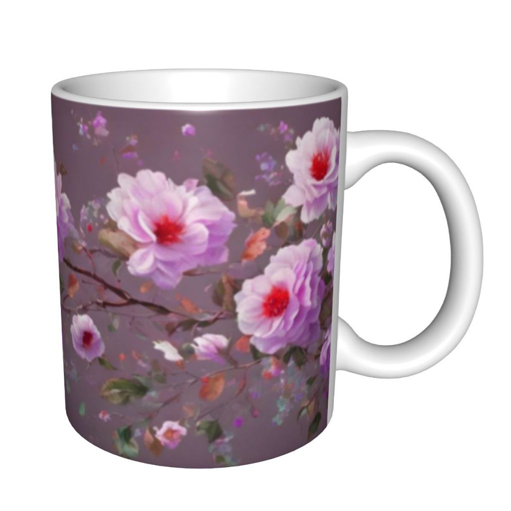 Gelas Kopi Mug Keramik Motif Bunga Ungu Airbrush di Latar Abu-Abu Ungu,Minum Estetik Feminin Hadiah 