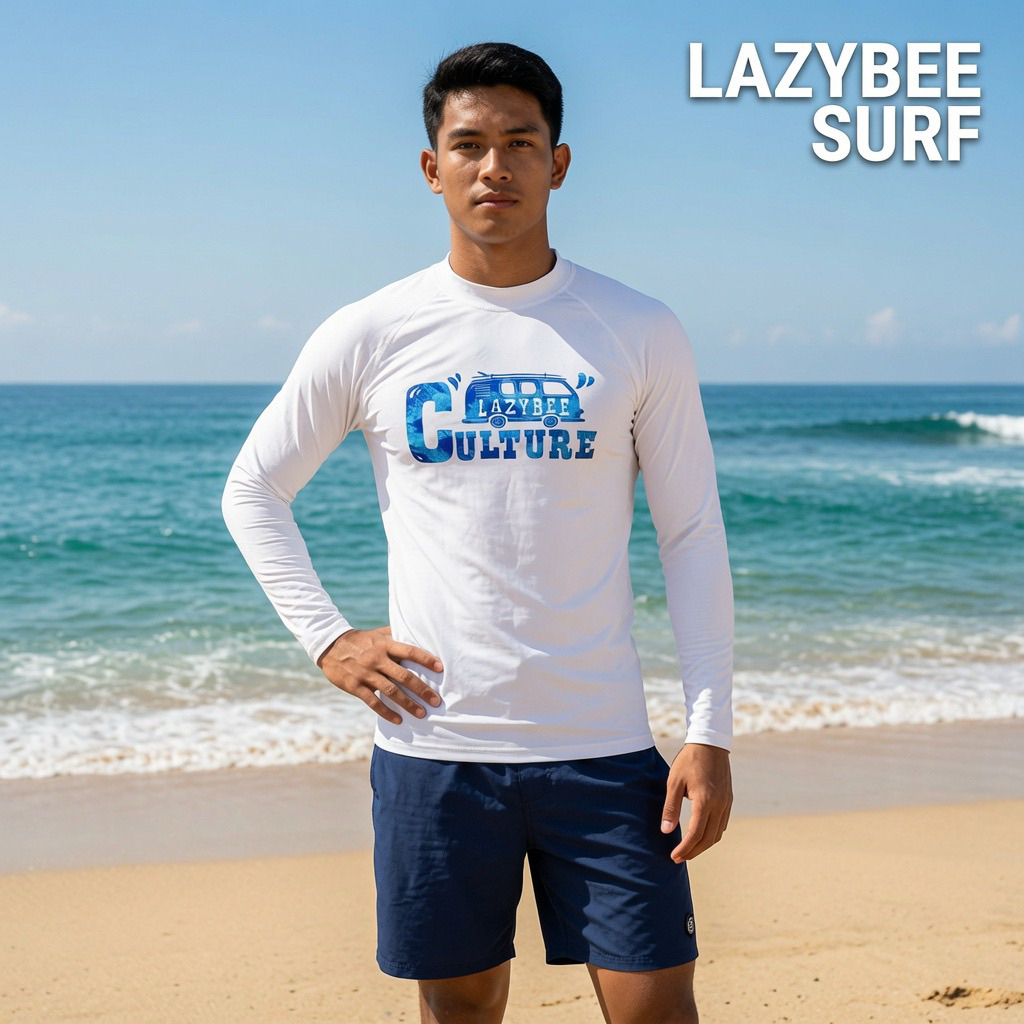 Baju Kaos Licin Renang Swim Surfing LAZYBEE CULTURE Surf Motif Pink White Preloved
