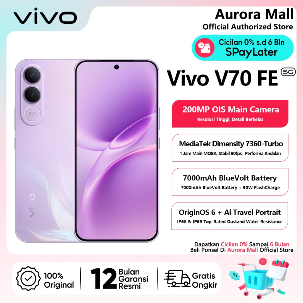 Vivo V70 FE 5G 8/256GB 12/256GB (12GB+12GB Extended RAM) Official Store HP Android Terbaru Handphone