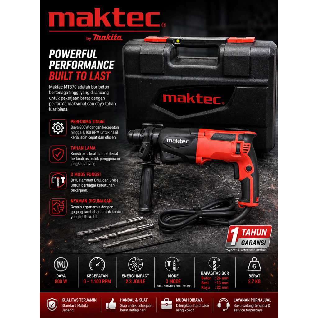 Bor listrik bobok beton Maktec MT 870 SDS / Hammer Rotary Drill mt870