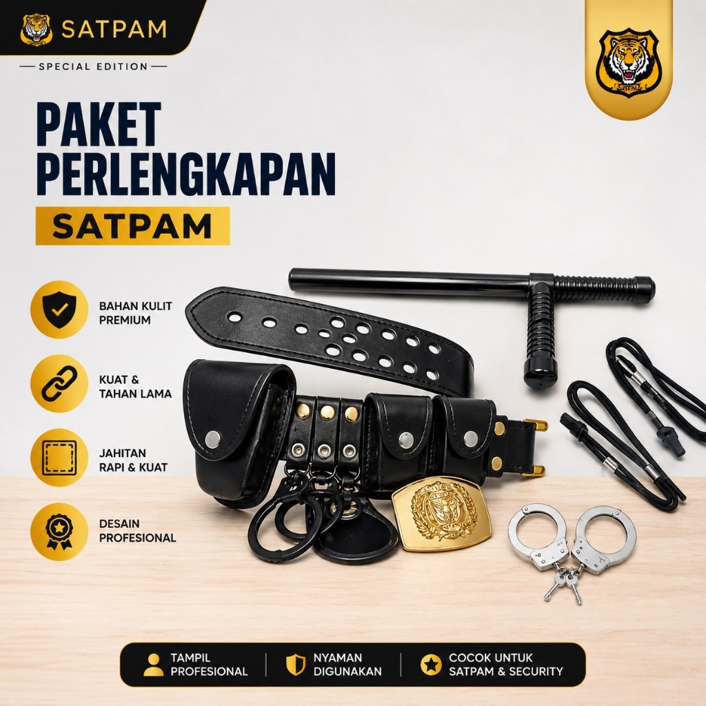 Perlengkapan Satpam Lengkap - Sabuk Kopel Set, Pentungan T, Borgol & Peluit