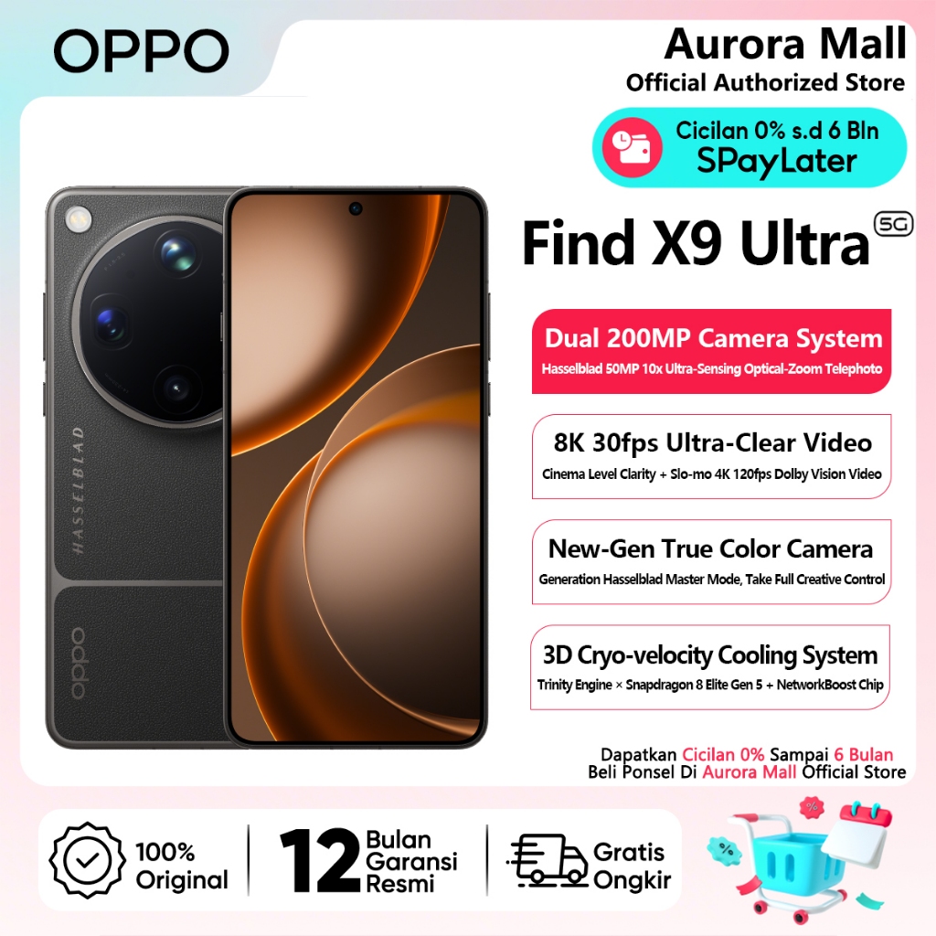 HP OPPO Find X9 Ultra 5G 12/512GB RAM 12+12GB Extended ROM 512GB Official Store Android Terbaru 2026