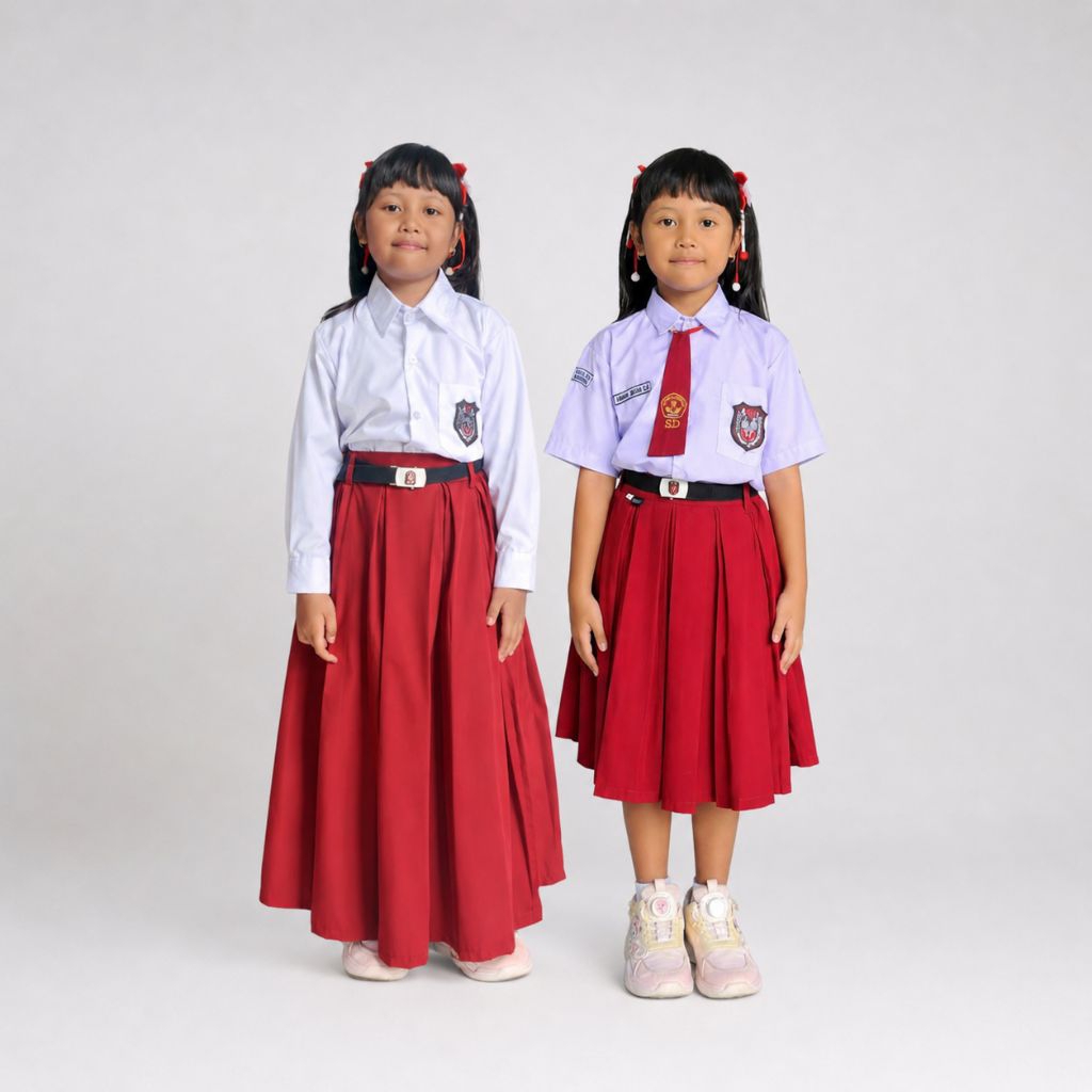 Seragam SD Merah Putih Cewek | Baju Sekolah SD Putri Lengan Pendek/Panjang | Setelan Lengkap + Rok A