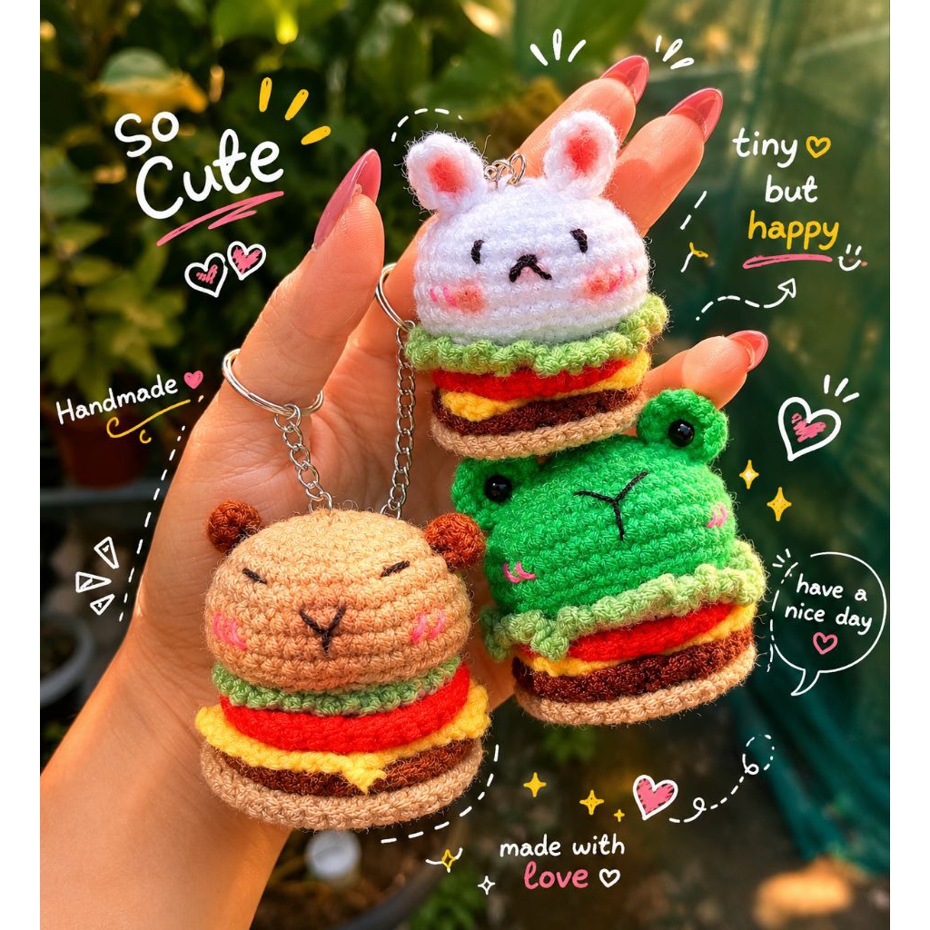 mini karakter burger | burger rajut | Gantungan kunci rajut | mini burger crochet