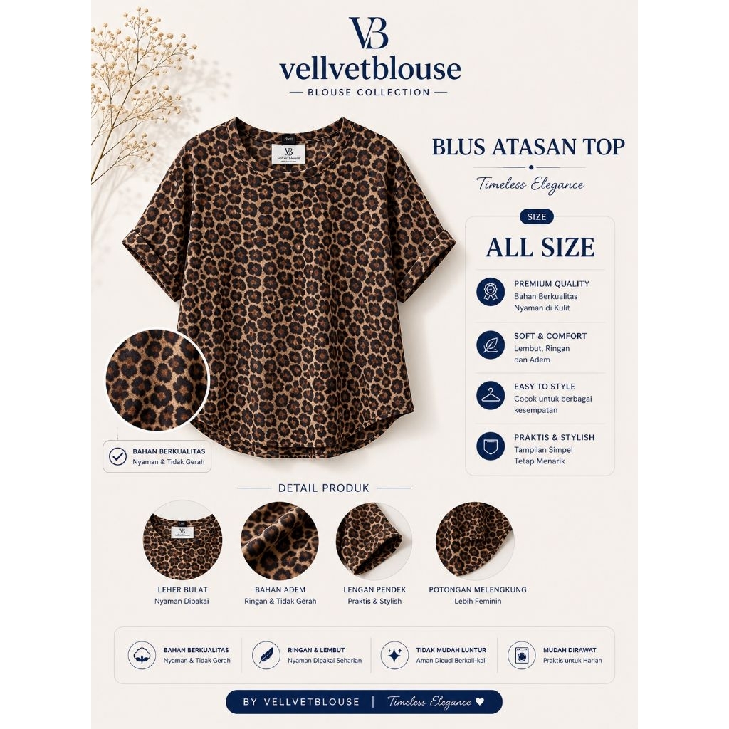 Vellvetblouse Blus Atasan Top Wanita Motif Leopard Bahan Wolfis adem
