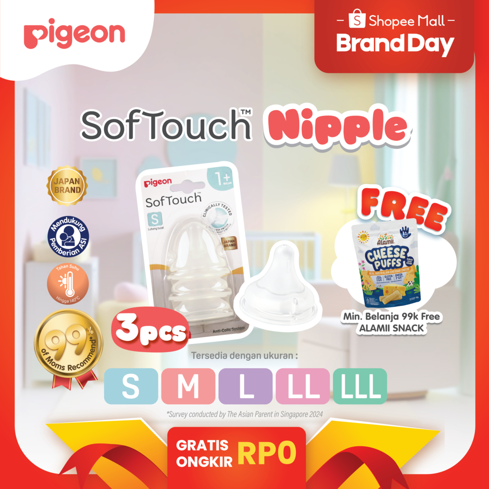 PIGEON SofTouch Nipple Wide Neck - 3pcs Blister Original Asli | Pilih Size | Dot Seperti Payudara Ib