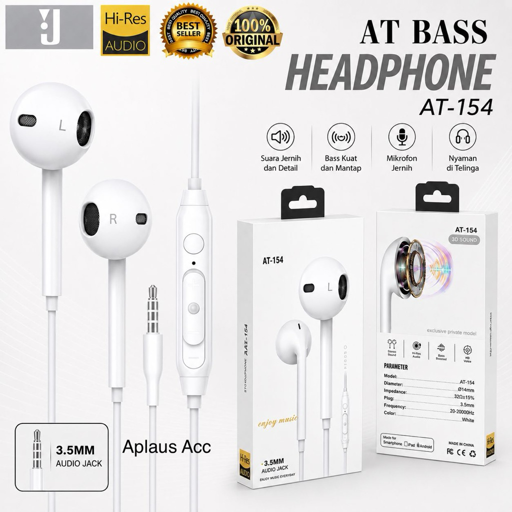 Handsfree Headset AT-154 Colokan 3.5MM Non Karet Earphone Extra Bass