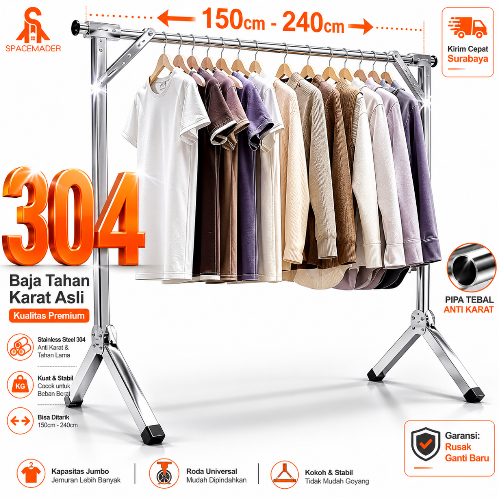 Lipat 1 Tiang SUS304 Stainless 240cm Anti Karat Muatan Besar COD Ready Stok Surabaya Serbaguna Prakt