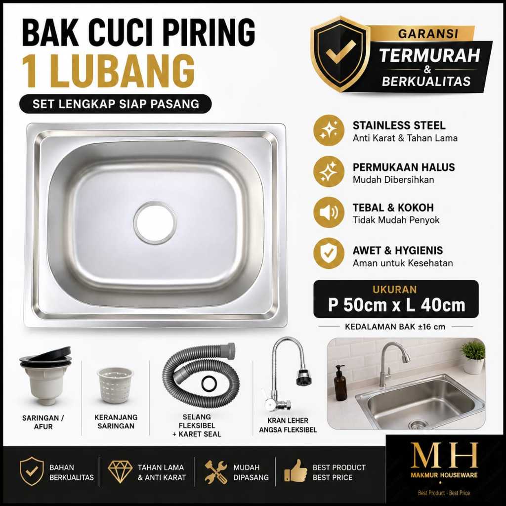 WASTAFEL BAK CUCI PIRING 1 LUBANG STAINLESS / SINK BCP 1 LUBANG STAINLESS