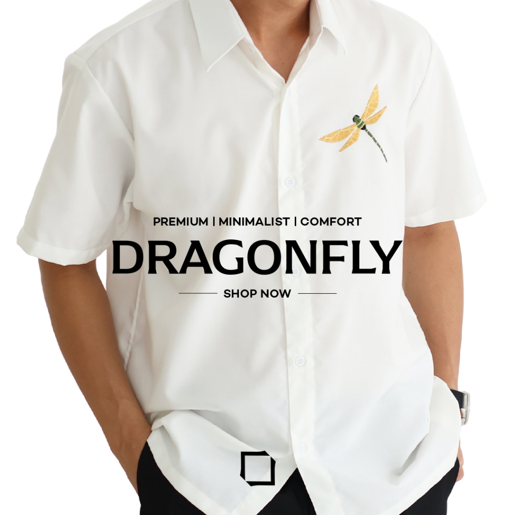 Kemeja Pria Lengan Pendek Premium Bordir | DRAGONFLY White by KINKAMI