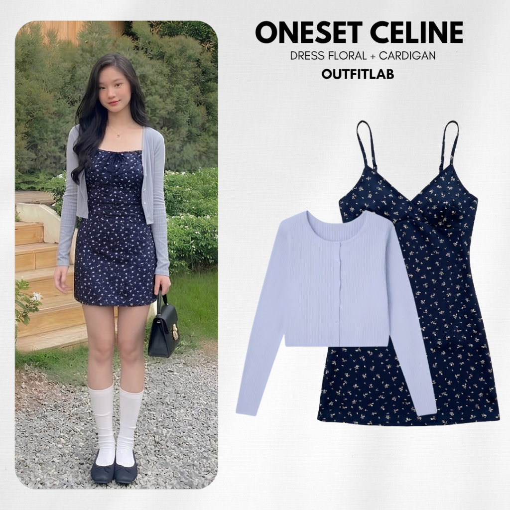 Outfit Set Celine Ootd Wanita Summer Kekinian ( Dress Floral + Cardigan Knit ) One Set Hangout Korea