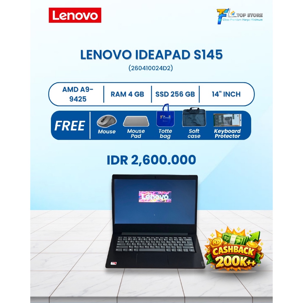 LENOVO IDEAPAD S145 AMD A9 RADEON R5 RAM 4GB SSD 256GB | SIAP PAKAI