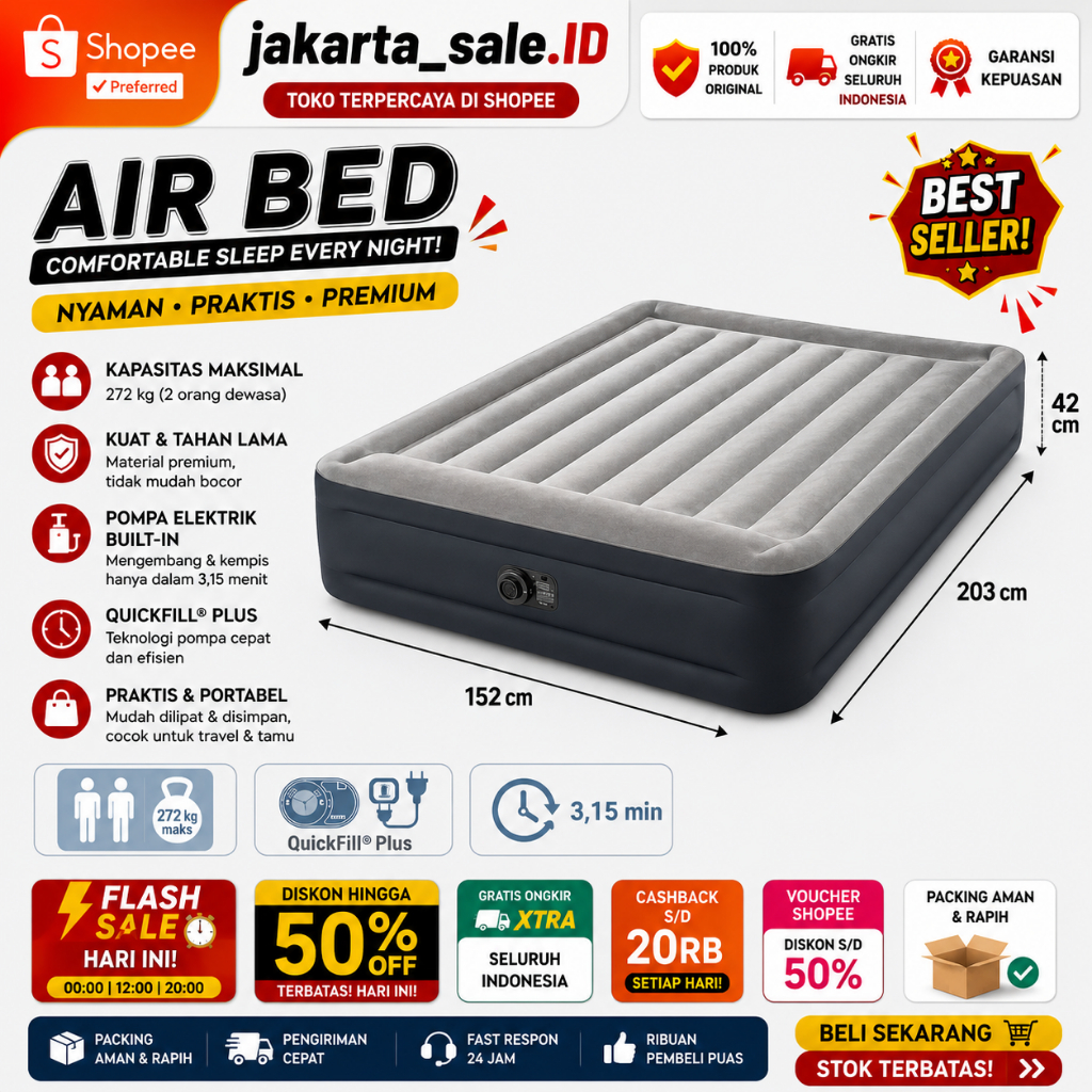 INTEX Kasur Angin Queen 203cmx152cmx42cm Durabeam Deluxe 64136 + pompa + tas kasur angin jumbo Intex