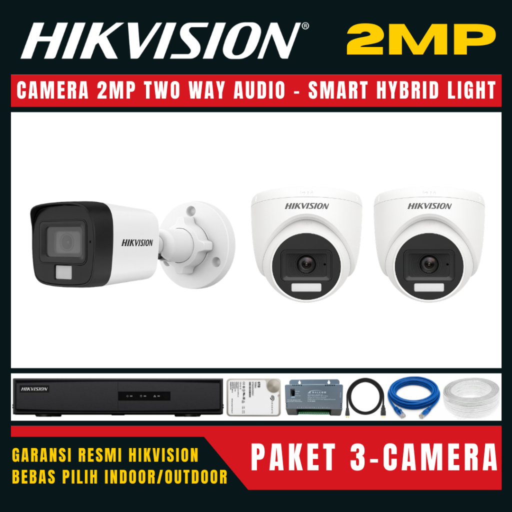 Paket cctv hikvision 2mp two way audio 4 channel 3 kamera paket cctv lengkap
